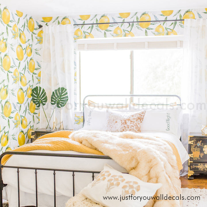 lemon bedroom wallpaper, Lemon wallpaper, Citrus print décor, Kitchen wallpaper ideas, Watercolor lemons wallcovering, Fruit pattern wallpaper, Fresh lemon décor, Botanical wallpaper, Lemon grove pattern, Bright kitchen design, Yellow green wallpaper