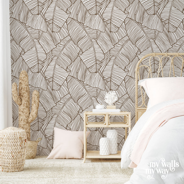Line art banana leaf wallpaper design with elegant neutral tones, removable, eco-friendly, peel-and-stick or pre-pasted, perfect for modern tropical interiors.