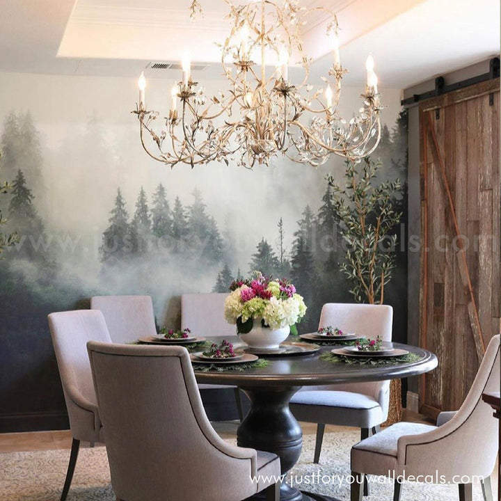 Forest mural wallpaper, Misty pine tree wallpaper, Nature wall mural, Removable forest wallpaper, Evergreen nursery décor, Mountain forest mural, Scenic wall covering, Pine tree wallpaper, Woodland wallpaper, Calm nature wallpaper