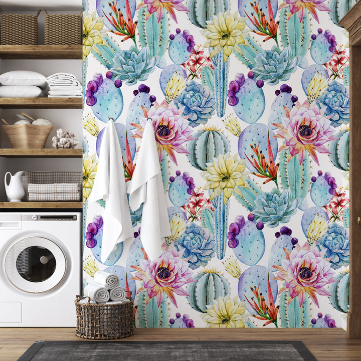 Watercolor desert flower wallpaper with colorful cacti, succulents, and blooming botanicals in pastel tones. Perfect for lively home décor. Peel-and-stick or pre-pasted options are removable, eco-conscious, and simple to apply.