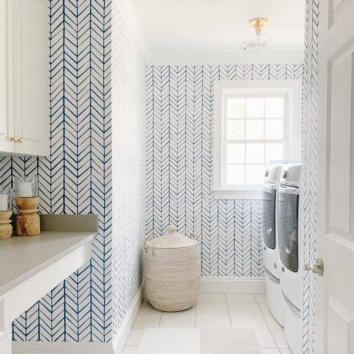 laundry room wallpaper, Elegant minimalist wallpaper featuring classic vertical herringbone lines in a neutral monochrome color palette.