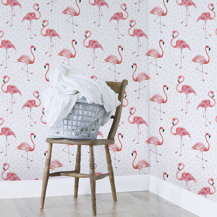Pink flamingo wallpaper design with delicate hand-painted birds on light background, perfect for girls’ rooms or beach-inspired home décor.