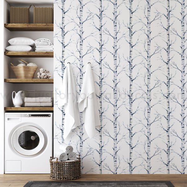Elegant wallpaper featuring delicate watercolor-style birch tree illustrations.
