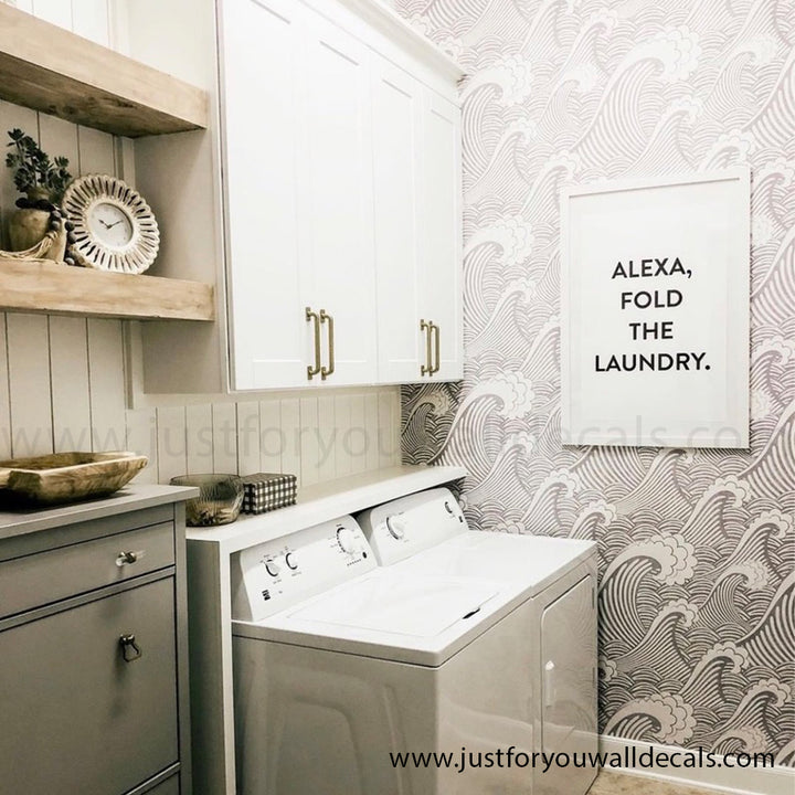 laundry room wallpaper, Playful wallpaper with repeating ocean wave patterns in calming blue and white tones. Decorative wallpaper featuring stylized coastal waves, perfect for adding playful charm to any room.