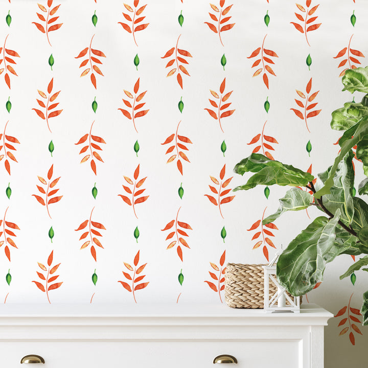 Autumn-inspired wallpaper design featuring orange leaves and green buds, peel-and-stick or pre-pasted, removable without damage, perfect for accent walls.