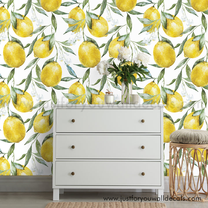 Lemon wallpaper, Citrus print décor, Kitchen wallpaper ideas, Watercolor lemons wallcovering, Fruit pattern wallpaper, Fresh lemon décor, Botanical wallpaper, Lemon grove pattern, Bright kitchen design, Yellow green wallpaper, lemon wallpaper
