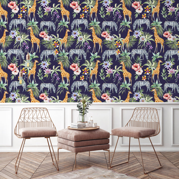 Exotic jungle wallpaper with detailed giraffes and zebras surrounded by tropical flowers and leaves, printed on eco-friendly peel and stick or pre-pasted removable material.