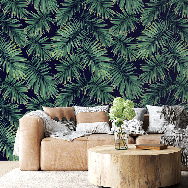 Deep navy tropical wallpaper featuring detailed palm leaves, available as peel and stick or pre-pasted, removable without damage, perfect for modern interiors.