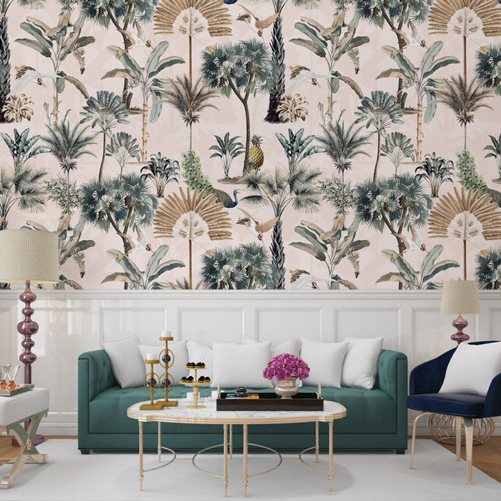 Tropical Banana Leaves Wallpaper, Peacock Birds Wallpaper, Removable Peel and Stick, Boho Palm Tree Wallpaper, Oasis Tree Wallpaper peel and stick wallpaper