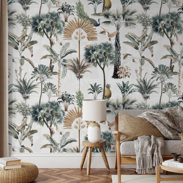 Nursery Pastel Tropical Wallpaper, Kids Room Palm Tree Tropical Wallpaper, Gender Neutral Nursery Removable Wallpaper, Boho Mural 