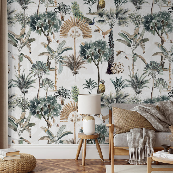 Nursery Pastel Tropical Wallpaper, Kids Room Palm Tree Tropical Wallpaper, Gender Neutral Nursery Removable Wallpaper, Boho Mural 