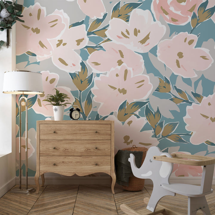 Removable watercolor-inspired floral wallpaper featuring hand-painted pink flowers and botanical accents