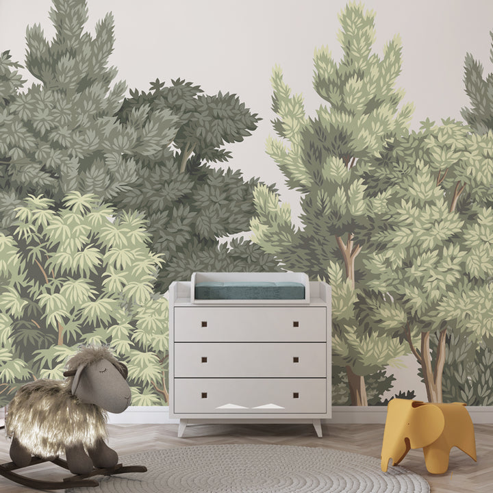Botanical-inspired wall mural with evergreen trees and leafy foliage, perfect for nature-themed interiors.