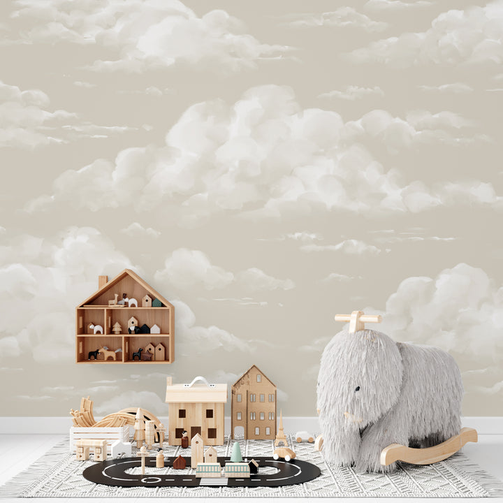 Minimalist cloud wallpaper in warm beige tones, designed with painterly cloud textures and available in removable peel and stick or pre-pasted material.