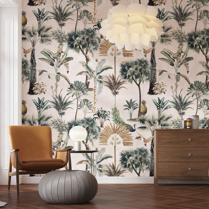 Nursery Pastel Tropical Wallpaper, Kids Room Palm Tree Tropical Wallpaper, Gender Neutral Nursery Removable Wallpaper, Boho Mural, peel and stick wallpaper