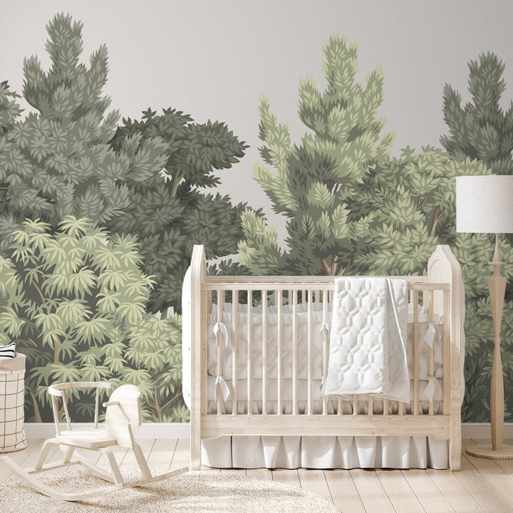 forest wallpaper mural, nature-inspired wall décor, botanical wallpaper, evergreen tree wall mural, woodland wallpaper for living room, green foliage wall décor, scenic forest wall art, calming nature-themed wallpaper, modern botanical wall mural, serene tree wallpaper