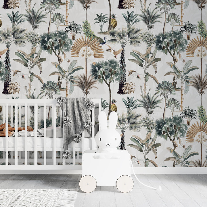 Boys Room Tropical Wallpaper, Boys Room Palm Tree Tropical Wallpaper, Gender Neutral Nursery Removable Wallpaper, Boho Vintage Mural
