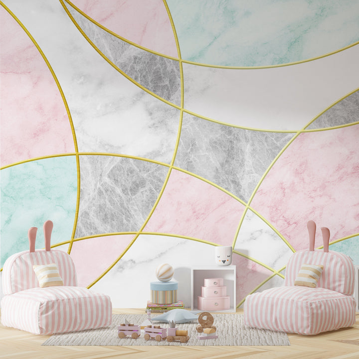 Modern abstract marble mural featuring pastel hues and gold detailing for a stylish interior look. Girls Room Wallpaper, Soft Pastel Baby Girl Nursery Wallpaper, Marble Texture Wallpaper Mural, Peel and Stick Wallpaper Girls Room