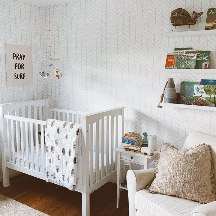 nursery wallpaper boy, Elegant minimalist wallpaper featuring classic vertical herringbone lines in a neutral monochrome color palette.