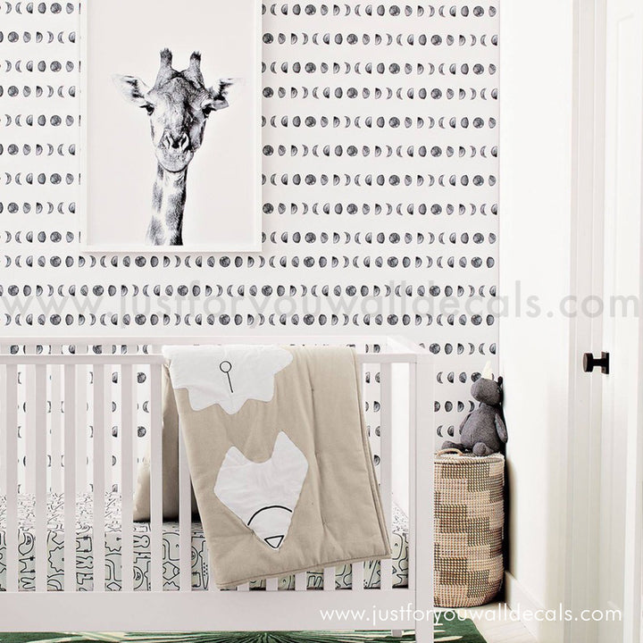 black and white wallpaper, New moon wallpaper, Black and white wallpaper, Moon wallpaper, Lunar phases wallpaper, Neutral moon pattern wallpaper, Modern celestial wallpaper, Minimalist wallpaper, Moon cycle wallpaper, Trendy wallpaper, Calming wallpaper