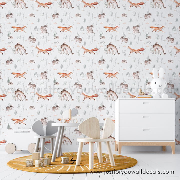 Woodland animal wallpaper, baby boy nursery wallpaper peel and stick removable, fox deer nursery wallpaper