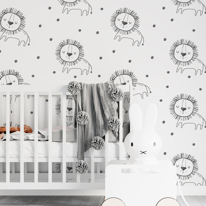 Minimalist lion pattern wallpaper featuring simple black doodle lions on a white background with playful dots, perfect for modern nursery décor and DIY installs