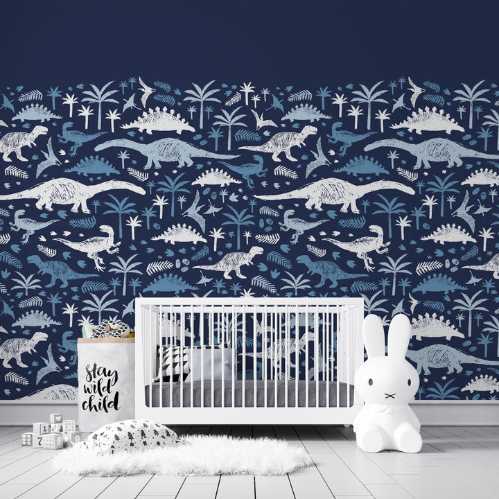 Playful dino pattern wallpaper in shades of blue and white, perfect for kids' rooms and nurseries.