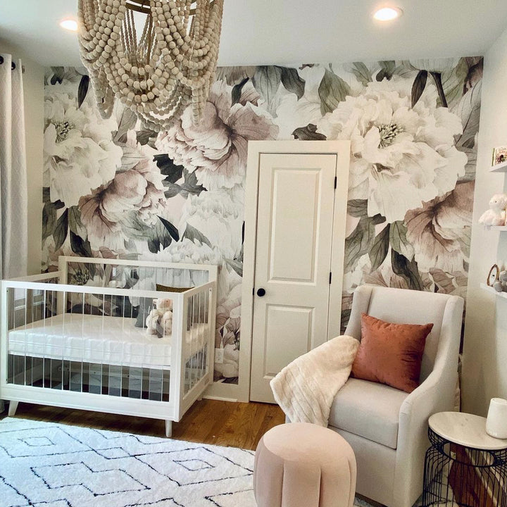 Botanical peony wall mural in blush and cream florals, designed as removable peel and stick or pre-pasted wallpaper for nursery feature walls, feminine bedrooms, or home décor projects.