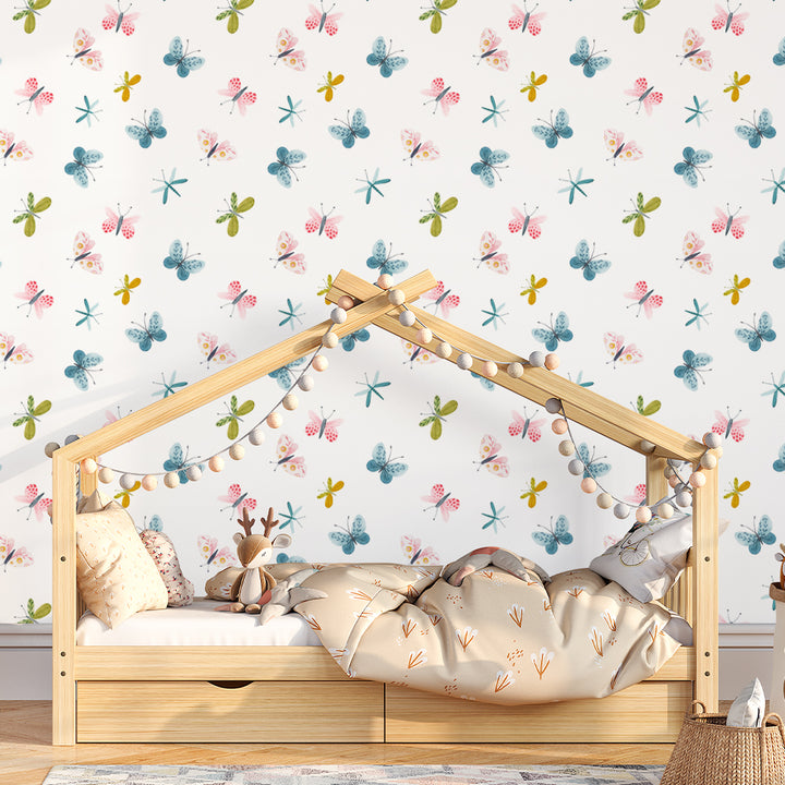 Playful watercolor butterflies and dragonflies wallpaper for girls’ nursery or nature-themed kids’ room, removable and printed with non-toxic inks.