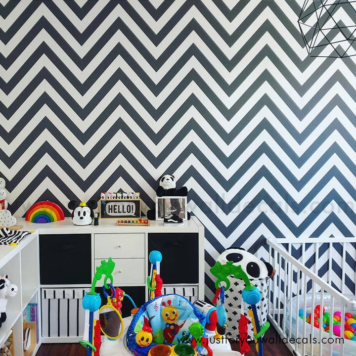 black and white wallpaper, chevron wallpaper, bold wallpaper, modern wallpaper, herringbone wallpaper, peel and stick, removable wallpaper, pre pasted wallpaper, Contemporary zigzag stripe wallpaper design perfect for nurseries and playrooms