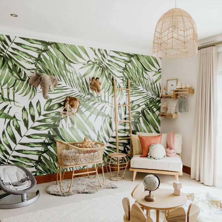 Green tropical leaf wallpaper for walls with large palm leaves, printed on eco-friendly material, removable, and perfect for modern home décor.