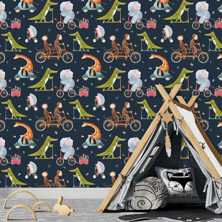 Kids’ wallpaper featuring watercolor animals on bikes and wagons against a navy background, removable and perfect for nursery or playroom décor.