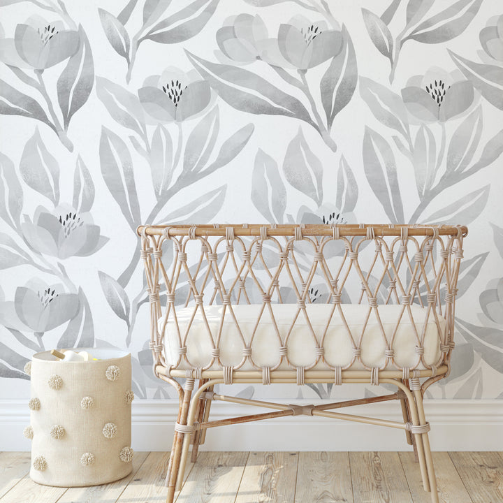Watercolor flower wallpaper in neutral grey shades, printed on removable peel-and-stick or pre-pasted material, perfect for nurseries, laundry rooms, or living spaces.