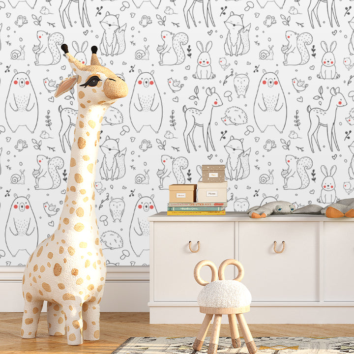 Whimsical nursery wallpaper pattern with bunnies, owls, and woodland animals in neutral tones, perfect for soft gender-neutral baby room décor, eco-friendly and removable without wall damage.