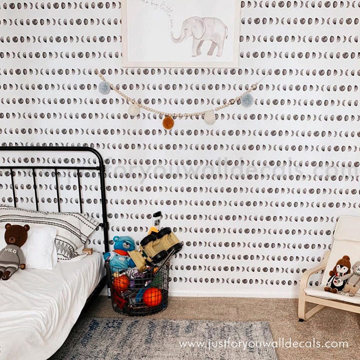 boys wallpaper, New moon wallpaper, Black and white wallpaper, Moon wallpaper, Lunar phases wallpaper, Neutral moon pattern wallpaper, Modern celestial wallpaper, Minimalist wallpaper, Moon cycle wallpaper, Trendy wallpaper, Calming wallpaper