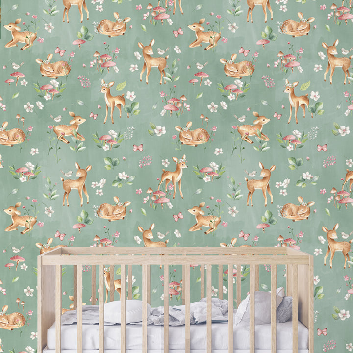 Sage green forest wallpaper featuring watercolor fawns and playful floral details, ideal for creating a cozy and imaginative nursery or toddler room.