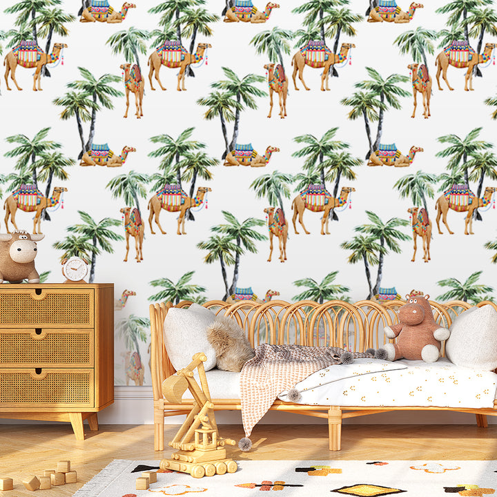 Camel wallpaper with palm trees and desert theme, removable and eco-friendly, perfect for nurseries, playrooms, or travel-inspired home decor.