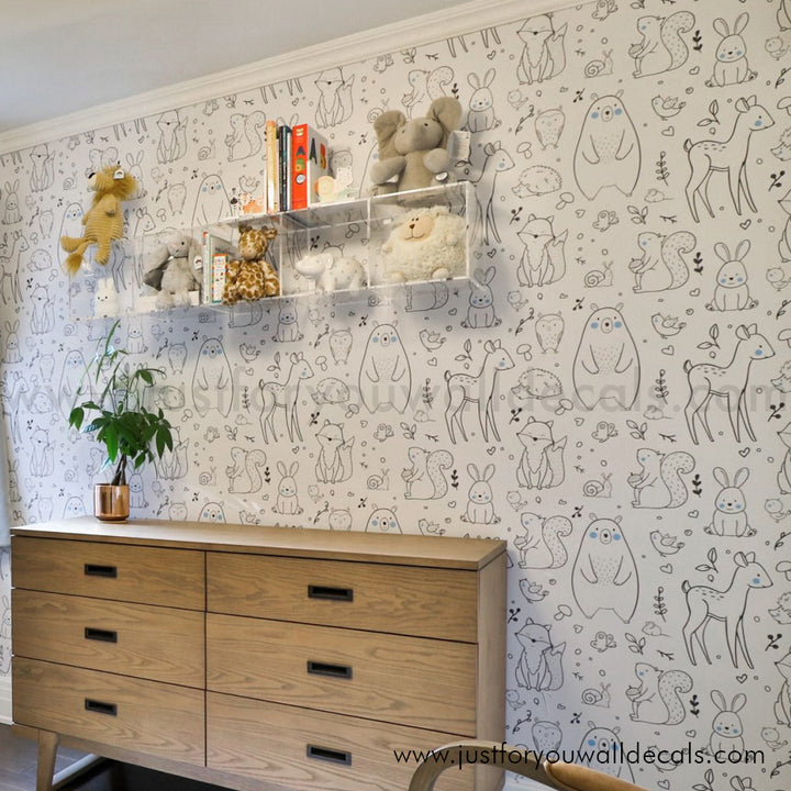Baby Boy nursery woodland animal wallpaper peel and stick removable, kids wallpaper
