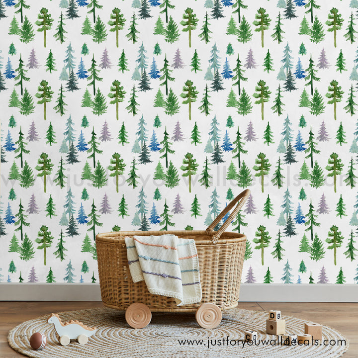 Nursery-friendly wallpaper design featuring hand-painted forest trees in soothing pastel shades. forest nursery wallpaper