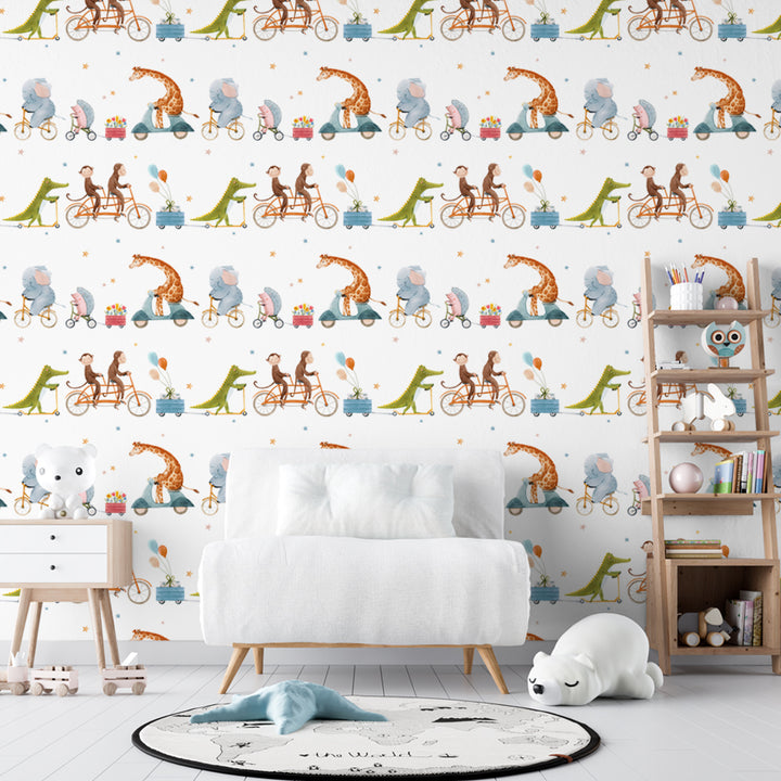 Watercolor nursery wallpaper with adorable animals on wheels, including elephants, giraffes, monkeys, and crocodiles, available in peel and stick or pre-pasted.
