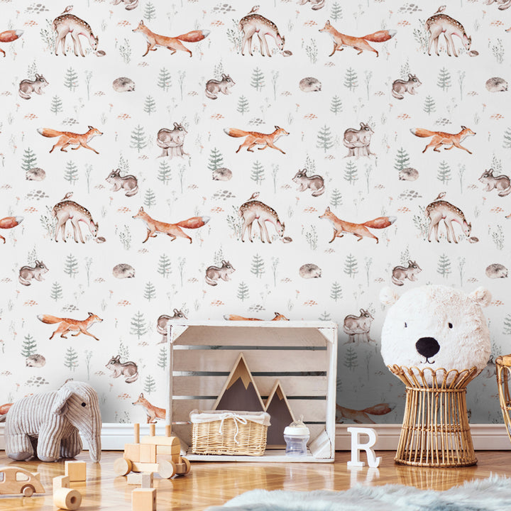 Watercolor deer and fox wallpaper pattern with soft forest tones, available in peel and stick or pre-pasted options, safe for walls and easy to install.