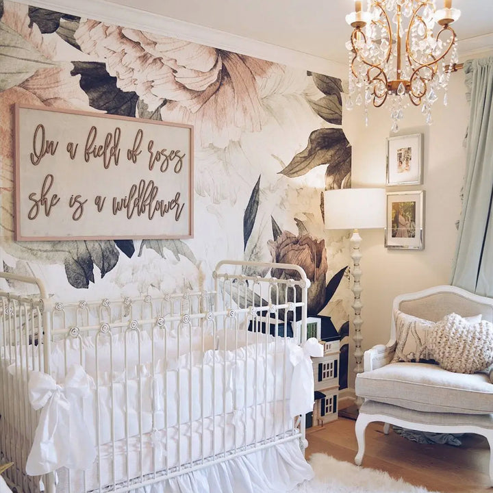 Vintage-inspired oversized pink peony wallpaper mural with hand-painted floral artwork, available in peel and stick removable or pre-pasted wallpaper panels, ideal for baby rooms and stylish bedrooms.