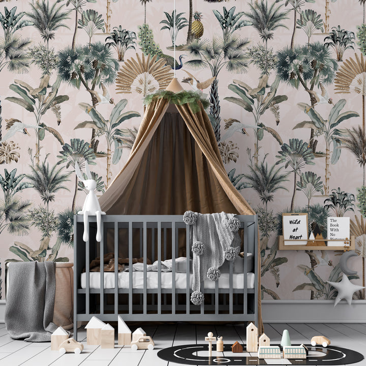 Nursery Pastel Tropical Wallpaper, Kids Room Palm Tree Tropical Wallpaper, Gender Neutral Nursery Removable Wallpaper, Boho Mural, peel and stick wallpaper