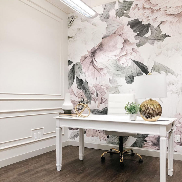 Oversized cottage-style peony wallpaper with soft blush watercolor flowers and leaves, removable peel and stick or pre-pasted installation, suitable for nurseries, bedrooms, and elegant accent walls.