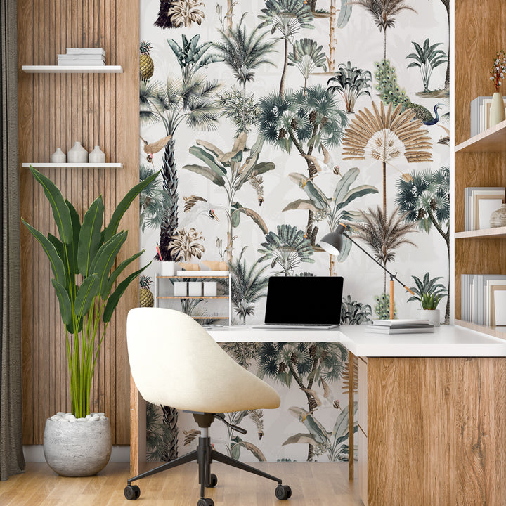 Luxury botanical wallpaper with tropical foliage, peacocks, and pineapples in a vintage-inspired design."