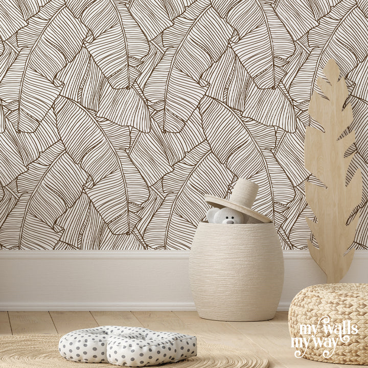 Tropical botanical wallpaper with banana palm leaves in minimalist line design, removable peel-and-stick or pre-pasted, renter-friendly wall décor.