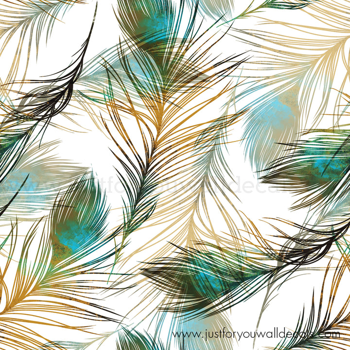 Watercolor feather wallpaper in neutral gold and teal shades, removable without damage, perfect for nature-inspired, bohemian, or luxury-style interiors.