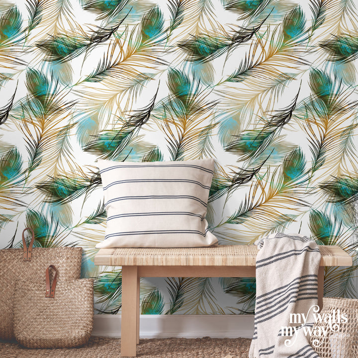 Soft feather wallpaper pattern with golden accents, teal hues, and natural strokes, peel-and-stick or pre-pasted, perfect for bedrooms or modern living room
