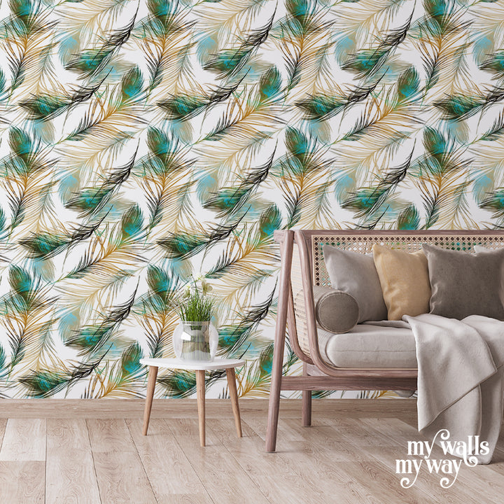 Golden and teal feather wallpaper design with watercolor texture, removable peel-and-stick or pre-pasted, easy installation, perfect for boho-inspired décor.