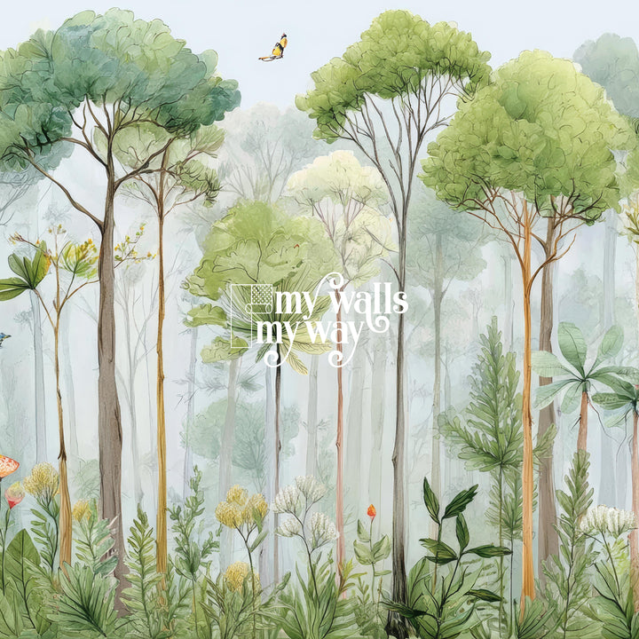 Forest tree wall mural for living room or nursery decor. Nature-inspired mural wallpaper with watercolor greenery and trees
